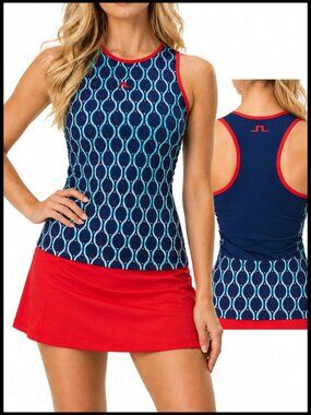 J.Lindeberg Delia Golf Tank Blue Teal Geometric Print Racerback S